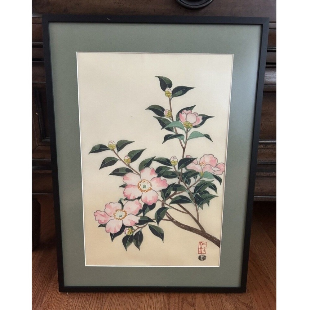Nisaburo Ito Tea-Oil Plant Woodblock Print on Silk Uchida Art Kyoto Framed UV
